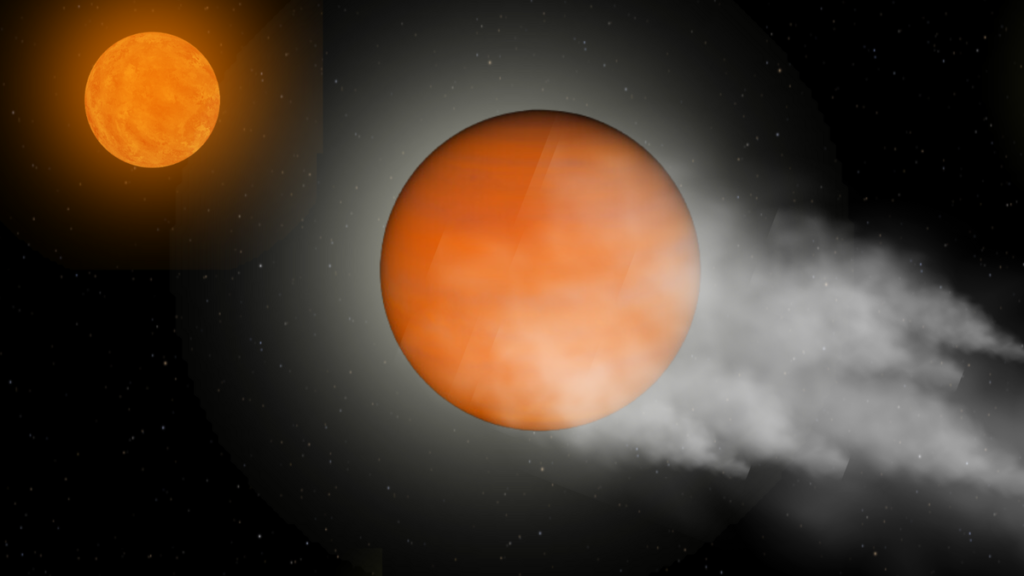 a fiery orange star and an orange planet, from which white gas is streaking