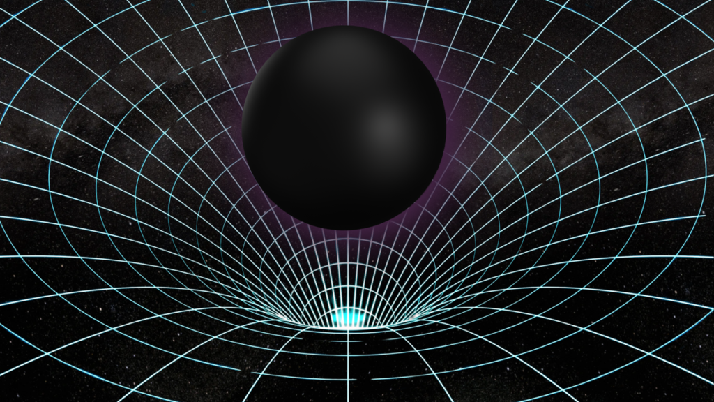 A black ball in the center of the screen looks to be falling into a warped spacetime diagram.